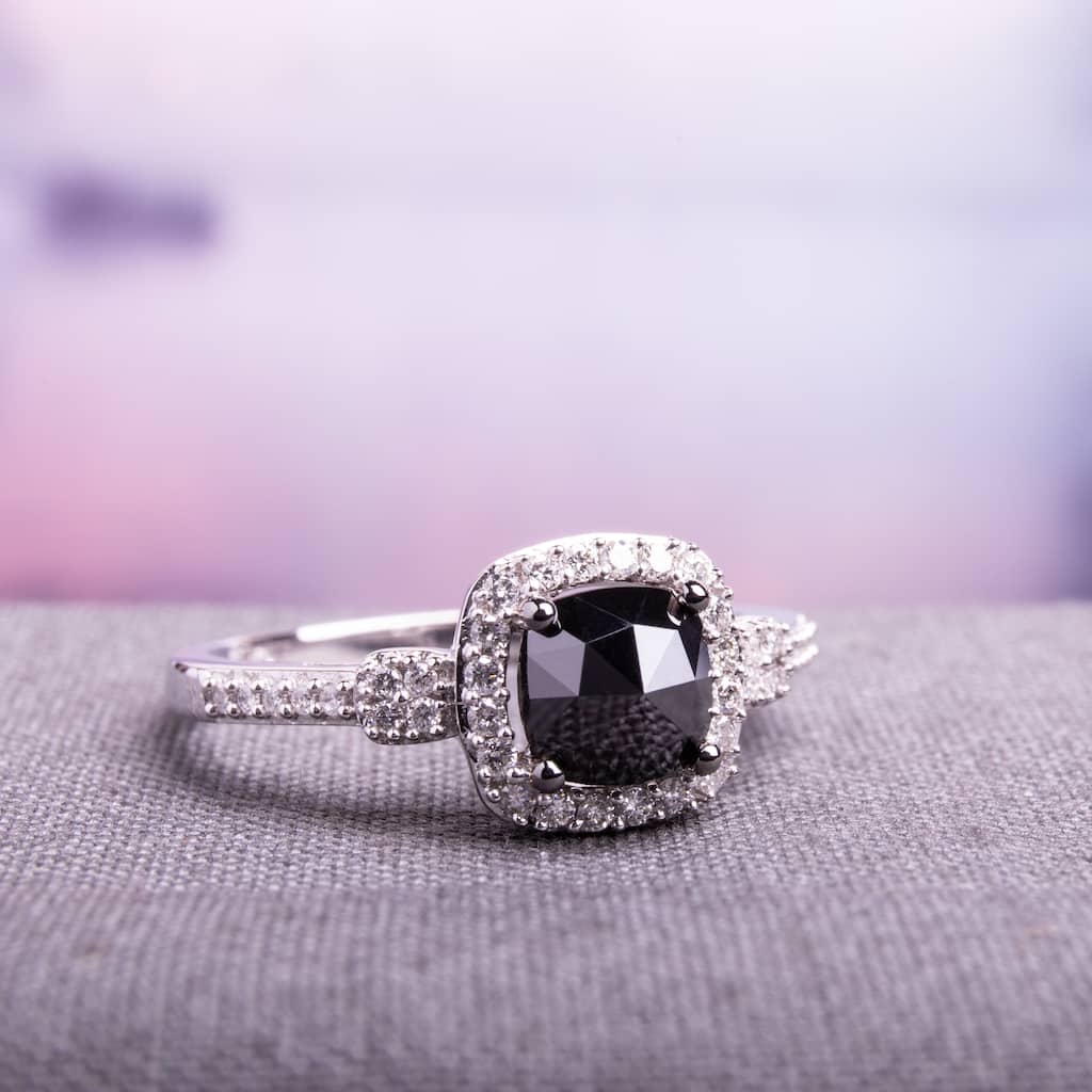 Miadora 14k White Gold 1ct TDW Cushion-cut Black and White Diamond Halo Engagement Ring