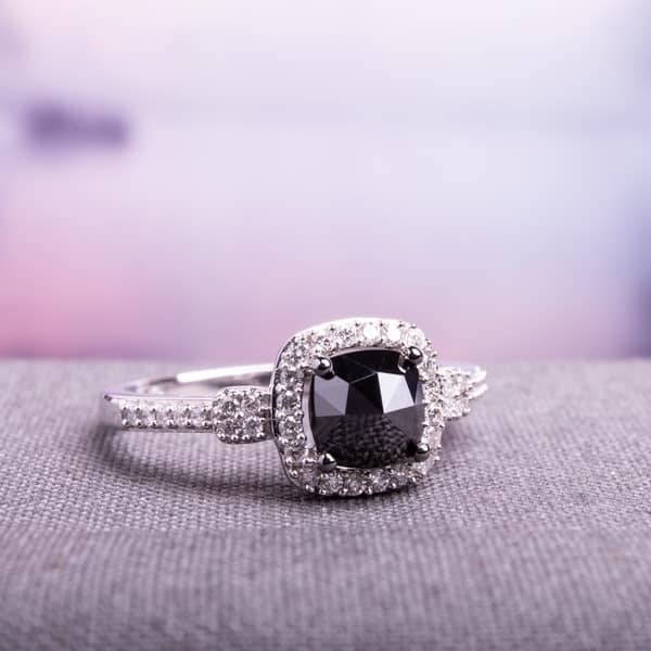 slide 1 of 8, Miadora 14k White Gold 1ct TDW Cushion-cut Black and White Diamond Halo Engagement Ring