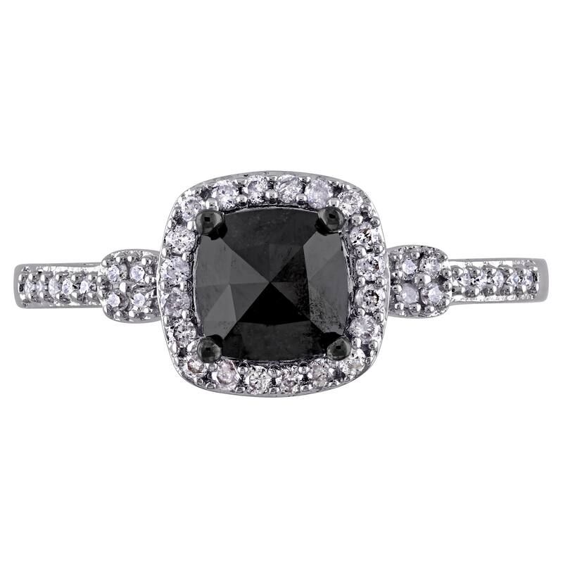 Miadora 14k White Gold 1ct TDW Cushion-cut Black and White Diamond Halo Engagement Ring
