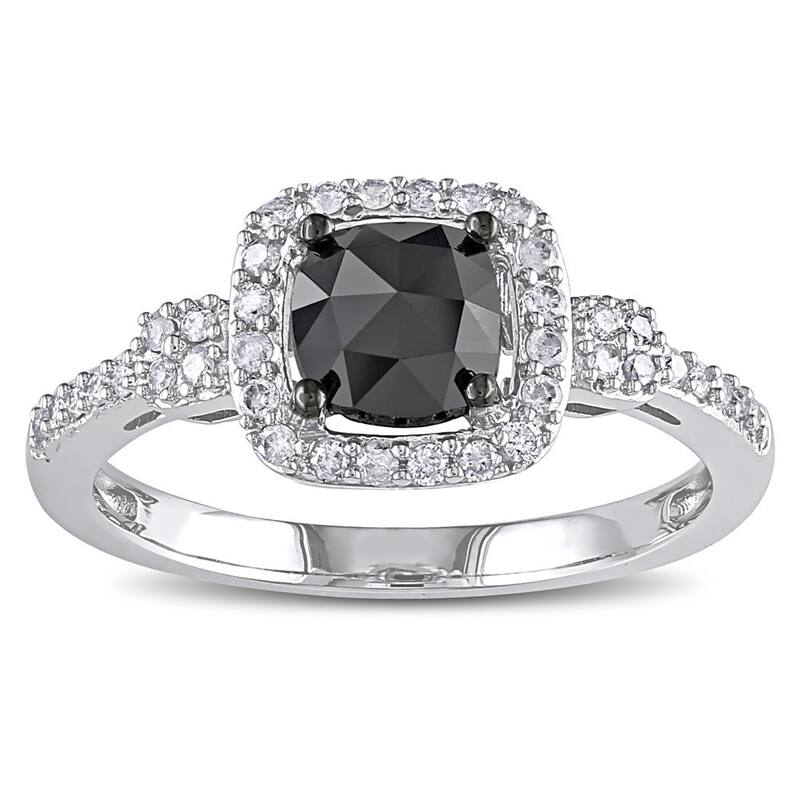 Miadora 14k White Gold 1ct TDW Cushion-cut Black and White Diamond Halo Engagement Ring - 7