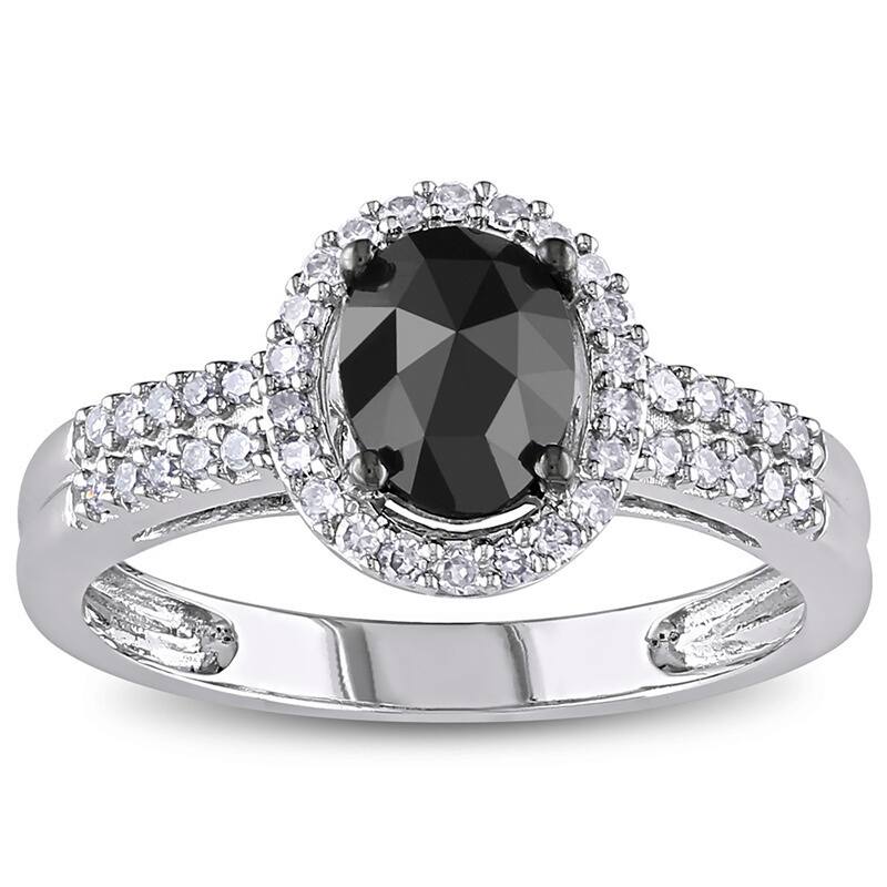 Miadora 14k White Gold 1ct TDW Oval Black and White Diamond Halo Engagement Ring