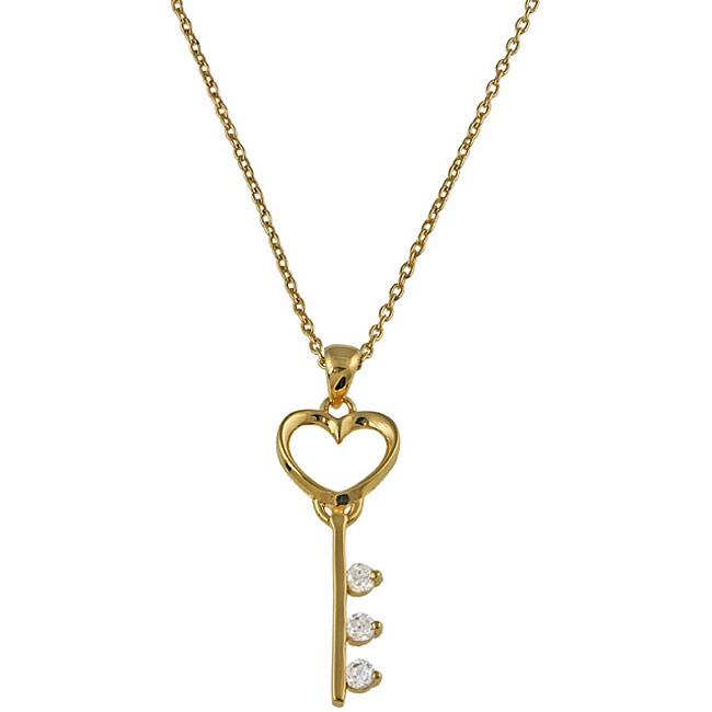 Gold over Sterling Silver Cubic Zirconia Heart Key Necklace - Free ...