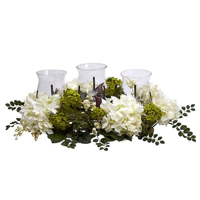 Snowball Silk Hydrangea Triple Candelabra Arrangement