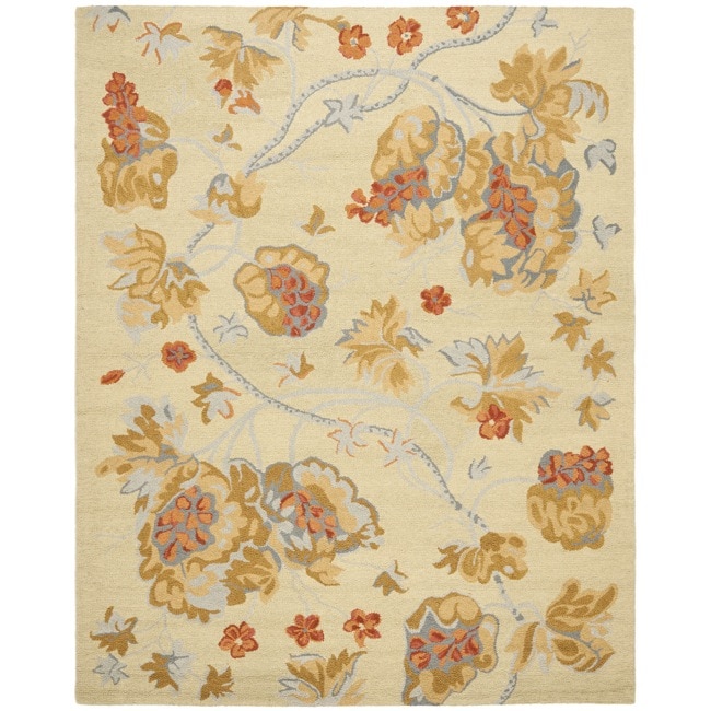 Handmade Blossom Beige Wool Rug With Cotton Canvas Backing (8 X 10)