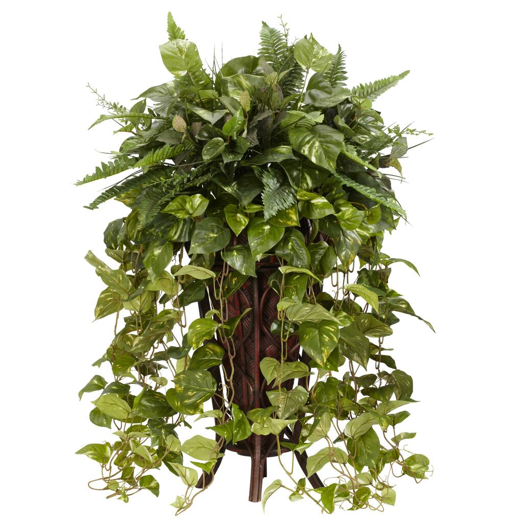 Vining Mixed Greens with Decorative Stand Silk Plant - Green