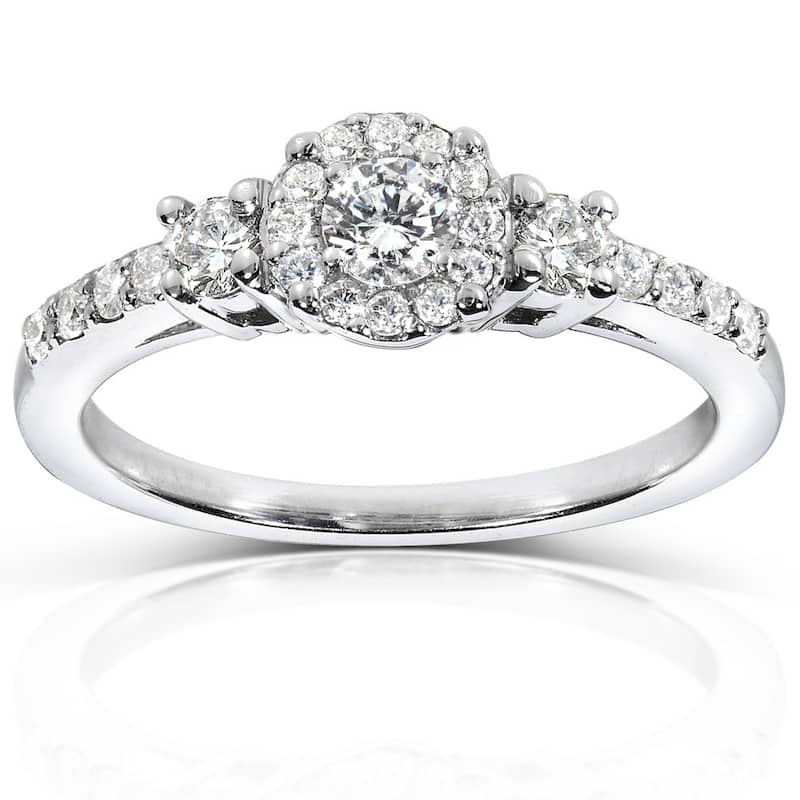 Kobelli 0.5 Carats Natural Diamond Solid 14k White Gold Halo 3-Stone Classic Engagement Ring - 6.5