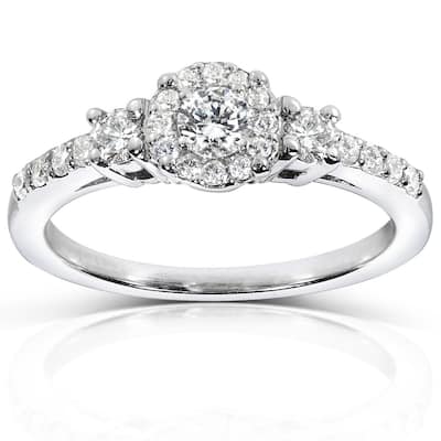 Kobelli 0.5 Carats Natural Diamond Solid 14k White Gold Halo 3-Stone Classic Engagement Ring