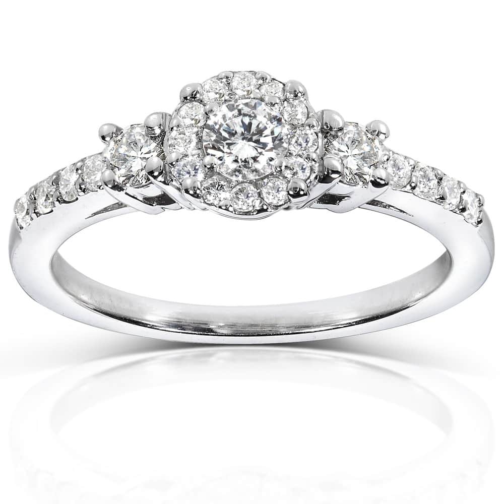 Kobelli 0.5 Carats Natural Diamond Solid 14k White Gold Halo 3-Stone Classic Engagement Ring