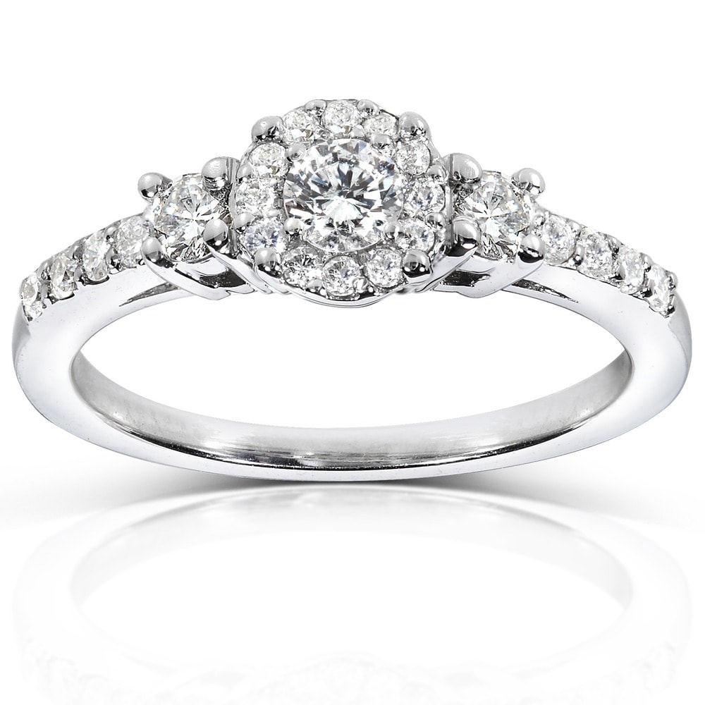Kobelli 0.5 Carats Natural Diamond Solid 14k White Gold Halo 3-Stone Classic Engagement Ring