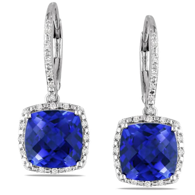 Miadora Sterling Silver Created Sapphire and 1/5ct TDW Diamond Earrings (G-H, I3) - Blue