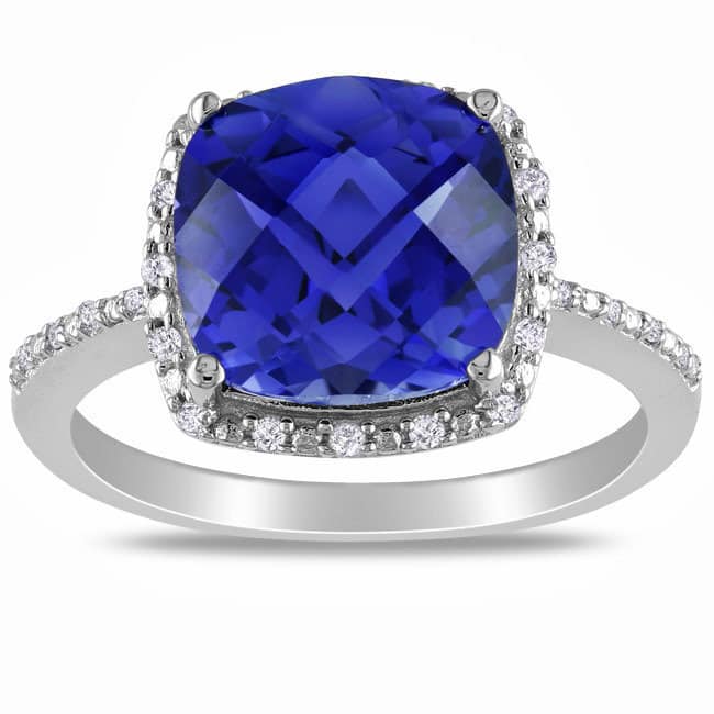 Miadora Sterling Silver Created Sapphire and 1/10ct TDW Diamond Ring (G-H, I2-I3) - 5
