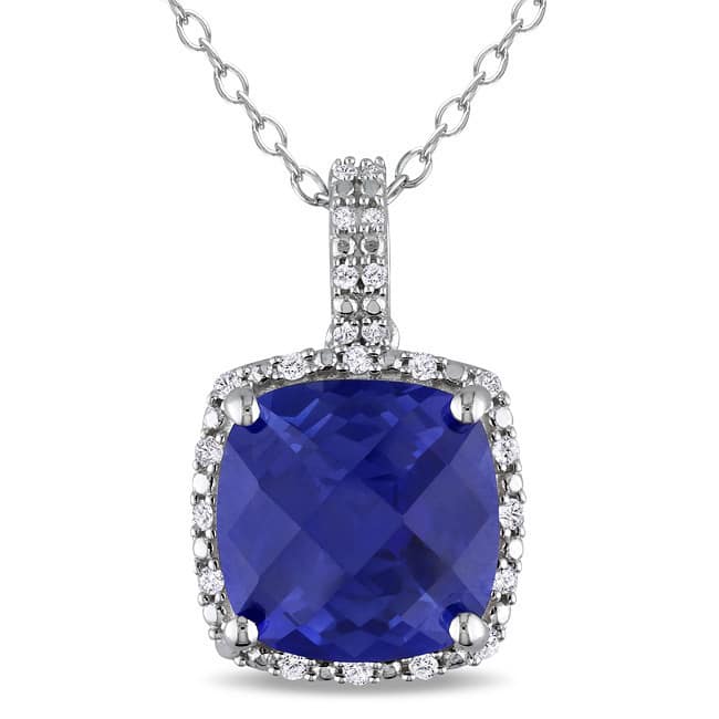 Miadora Sterling Silver Created Blue Sapphire and 1/10ct TDW Diamond Square Halo Birthstone Necklace