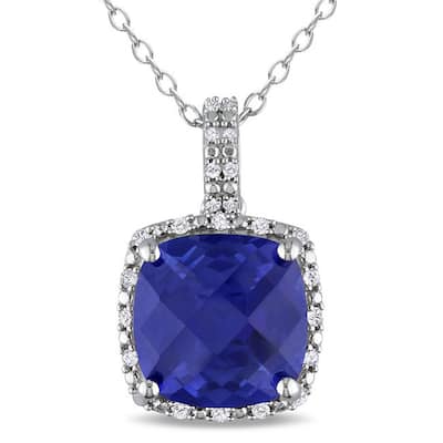 Miadora Sterling Silver Created Blue Sapphire and 1/10ct TDW Diamond Square Halo Birthstone Necklace