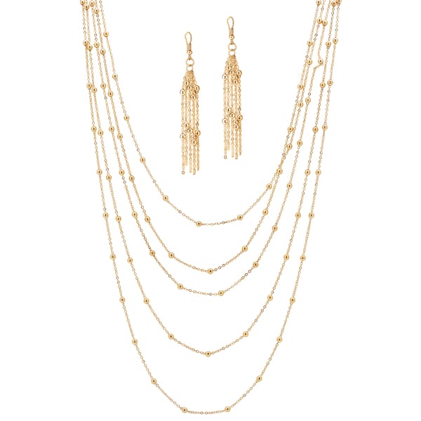 PalmBeach 2 Piece Multi-Chain Beaded Station Necklace and Drop Earrings Set in Yellow Gold Tone 33" Tailored