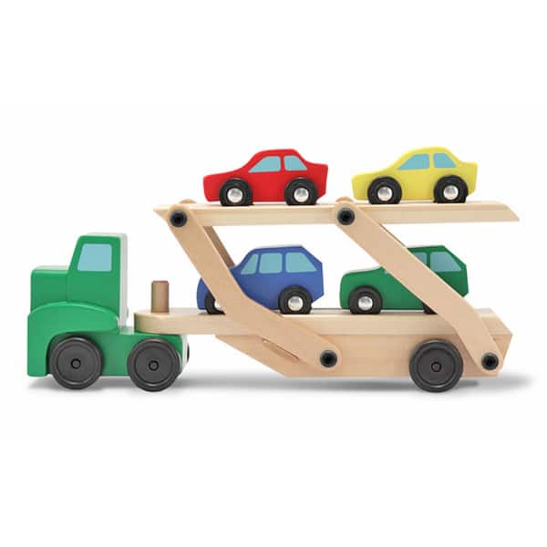 slide 2 of 7, Melissa & Doug Car Carrier Truck & Cars Wooden Toy Set