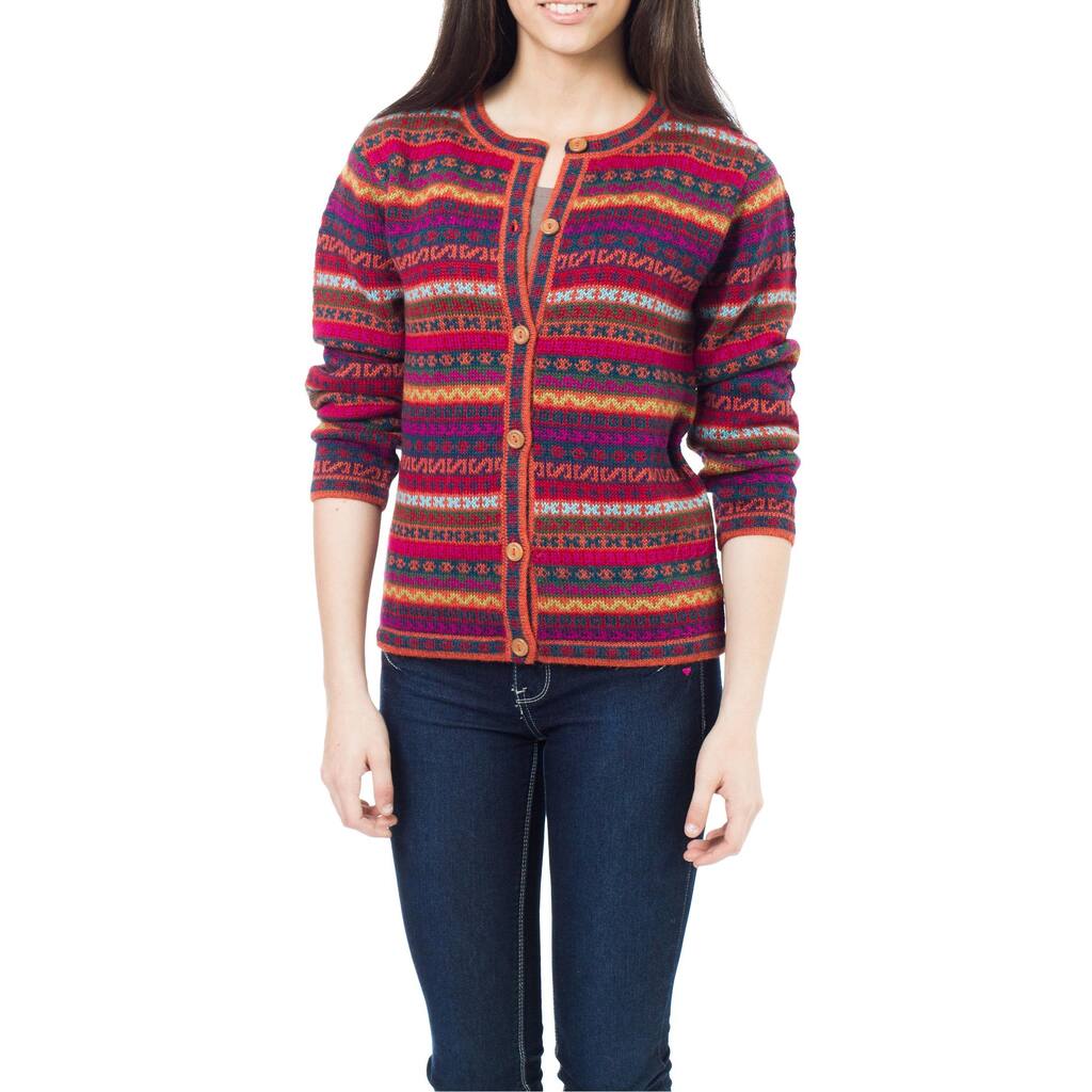 Handmade Be Bold Multicolor Stripe Purple 100-percent Alpaca Wool Fair Isle Pattern Womens Cardigan Sweater (Peru)
