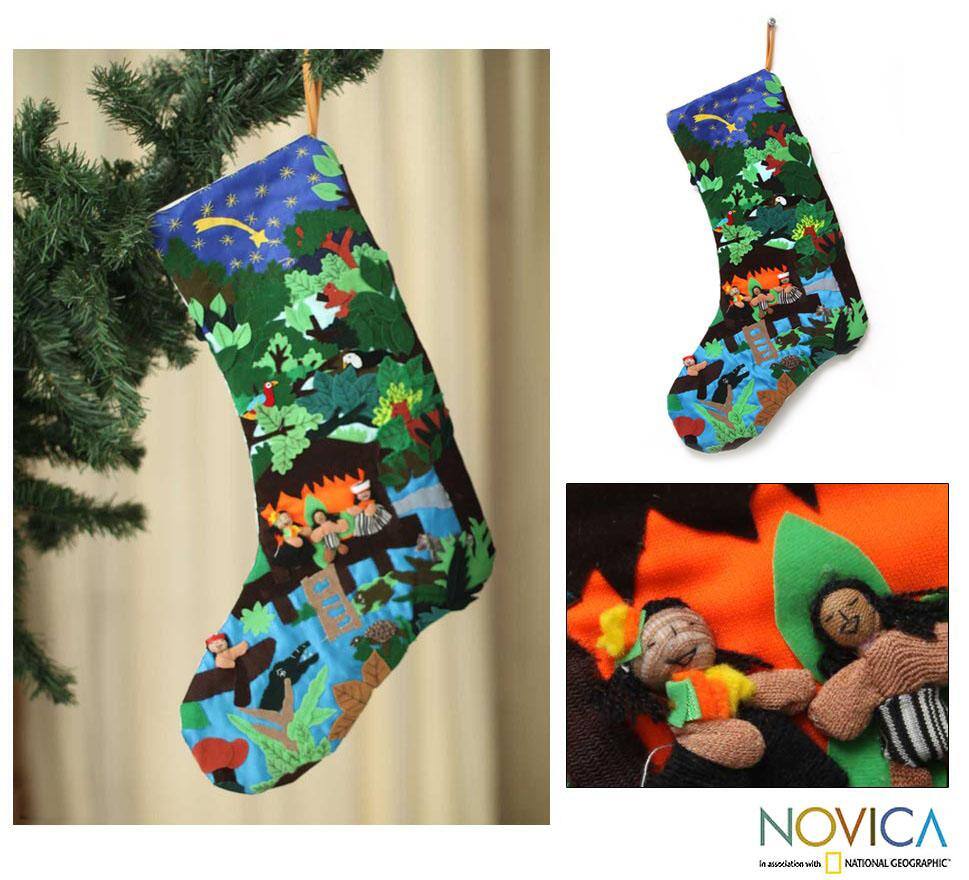 Cotton 'Amazon Nativity' Applique Christmas Stocking (Peru)