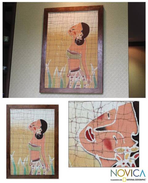 Handmade Alaya Cholprasertsuk 'Garden Walk' Framed Batik Art (Thailand) - Sand