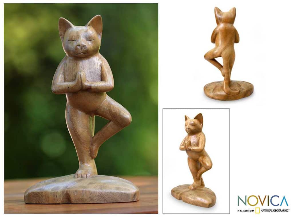NOVICA Handcrafted Suar Wood 'Tree Pose Yoga Cat' Sculpture, Handmade in Indonesia