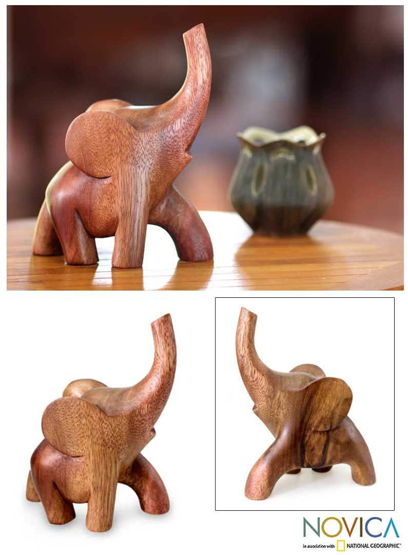NOVICA Handmade Suar Wood 'Elephant Strut' Sculpture (Indonesia)