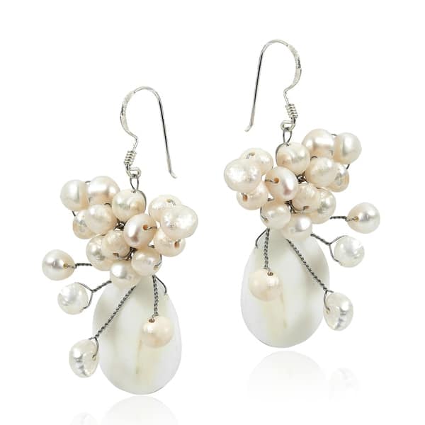 Long Drop Earrings Mother of Pearl and Sterling Silver Handmade