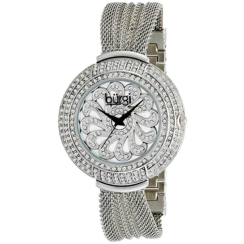 Burgi Women's Silvertone Crystal Mesh-bracelet Quartz Watch