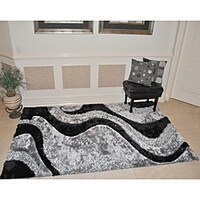 Abstract Art Ocean Wave Design White Silver Grey Black Everrouge Black Area Rug 5