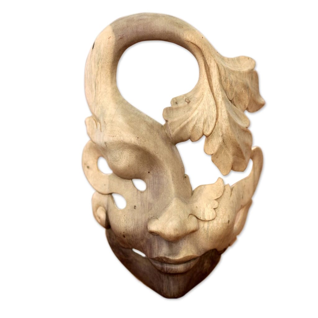 Handmade Shy Maiden Cream Ivory Beige Feminine Global Style Decorator Accent Suar Wood Wall Art Work Mask (Indonesia) - Brown