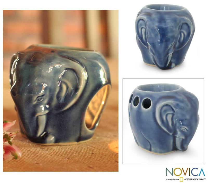 Handmade Celadon Ceramic 'Calm Sapphire Elephant' Oil Burner (Thailand)