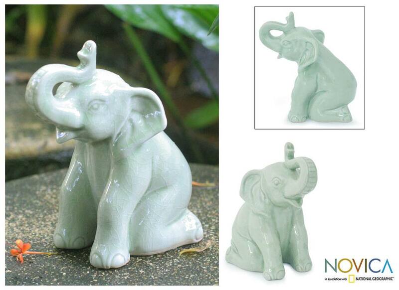 Celadon Ceramic 'Green Elephant Welcome' Sculpture