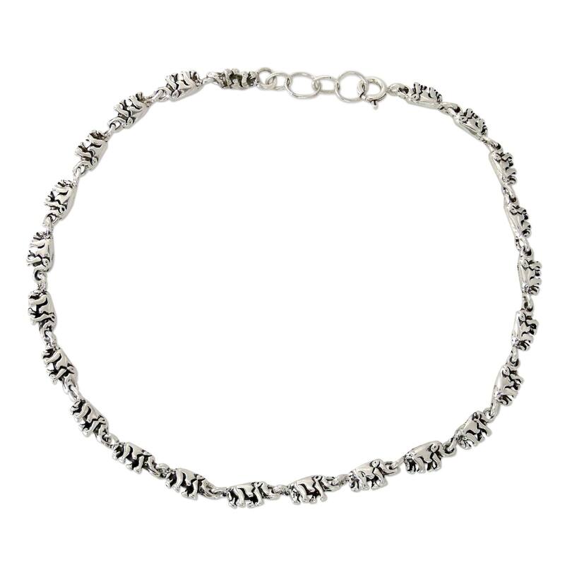 Handmade Sterling Silver Elephant Parade Oxidized Finish Anklet (India) - Silver - White - Over 9 Inches