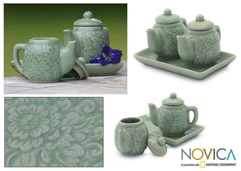 Handmade Set of 2 Celadon Ceramic 'Inseparable' Condiment Set (Thailand)