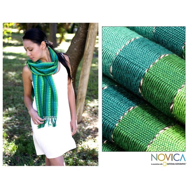 Cotton 'Jade Fields' Scarf (Guatemala) Novica Scarves & Wraps