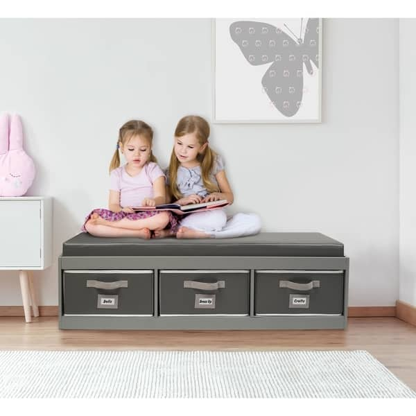 slide 2 of 10, Badger Basket Kid's Storage Bench with Cushion and Three Bins Gray