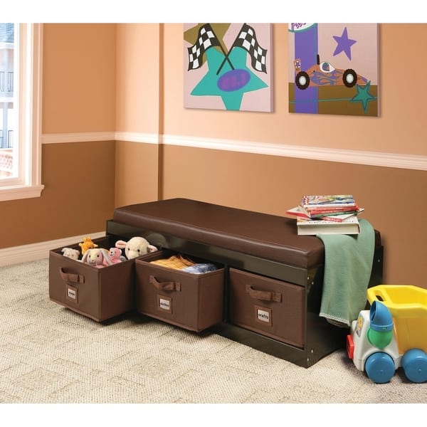 slide 2 of 10, Badger Basket Kid's Storage Bench with Cushion and Three Bins Espresso