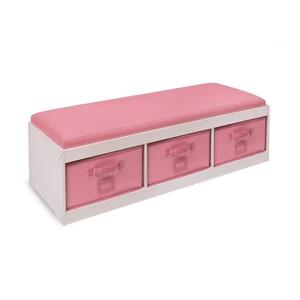 slide 2 of 10, Badger Basket Kid's Storage Bench with Cushion and Three Bins Pink/White