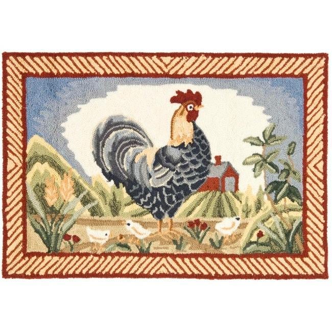 Hand hooked Rooster Ivory/ Blue Polypropylene Rug (2 X 3)