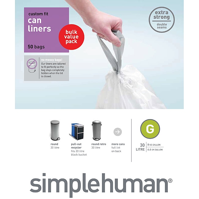 Simplehuman Custom Fit Liners G 30 L 8 US GAL Drawstring Trash