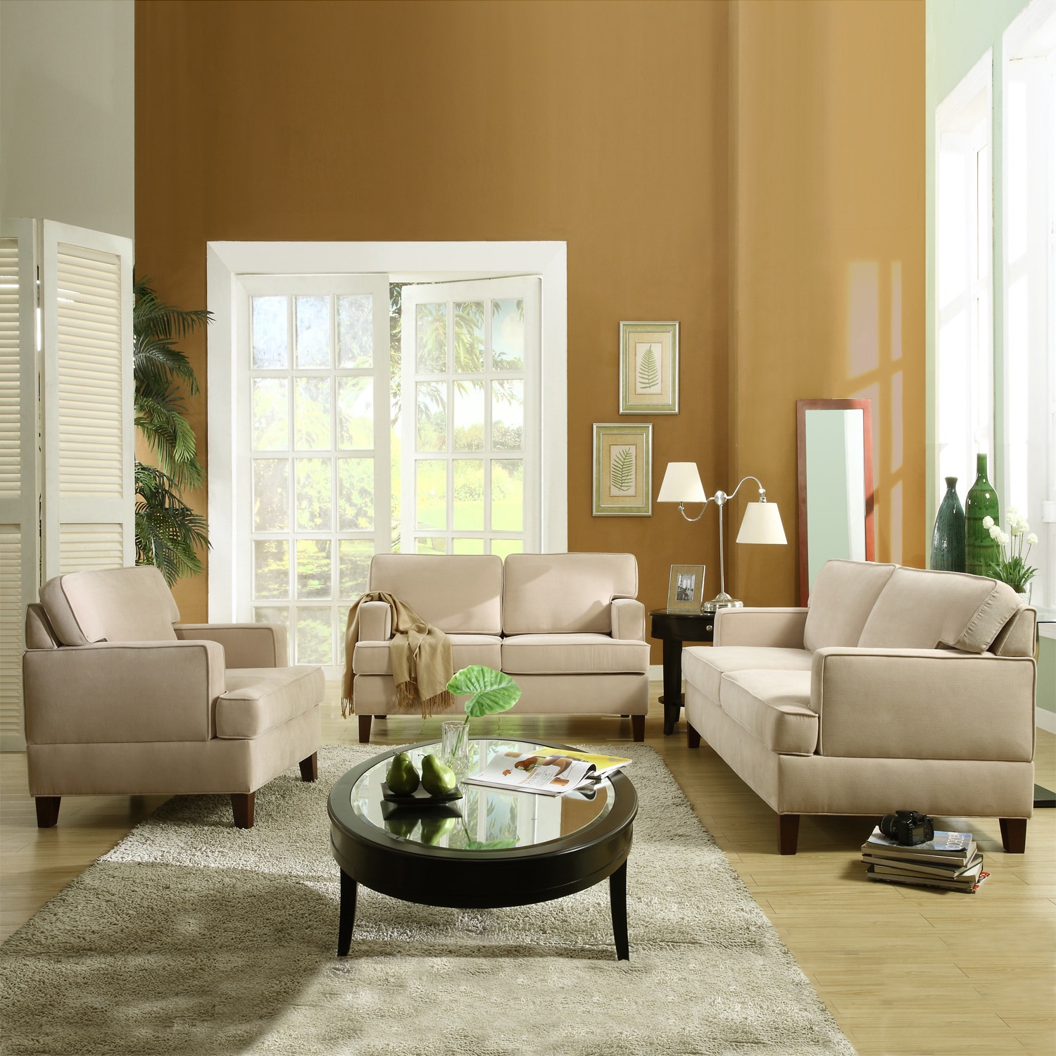 Tribecca Home Stewart Beige Track Arm Modern 3 piece Living Room Set