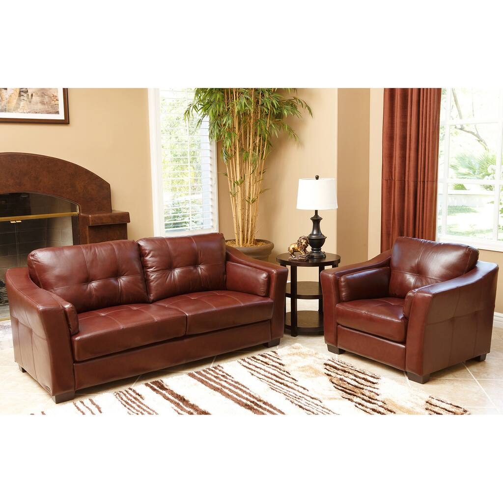 Abbyson Torrance Burgundy Top Grain Leather Sofa and Armchair Set
