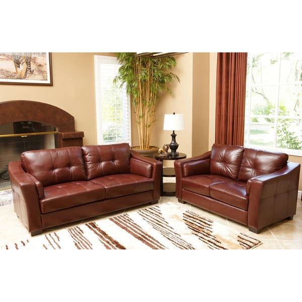 Shop Abbyson Torrance Burgundy Top Grain Leather Sofa and Loveseat Set ...