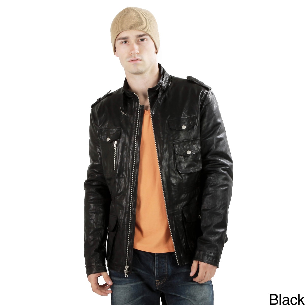 United Face Mens Military Inspired Textured Lambskin Leather Jacket