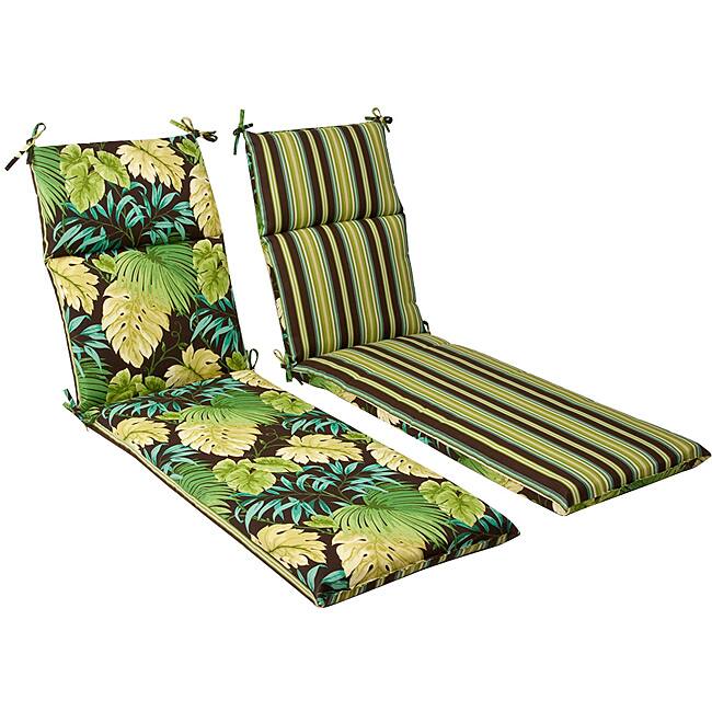 Pillow Perfect Outdoor Green/ Brown Tropical/ Striped Reversible Chaise Lounge Cushion