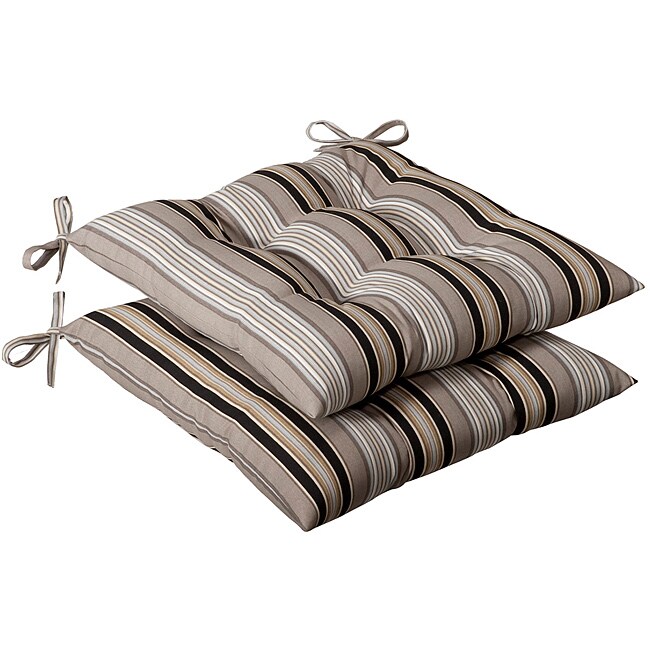 Pillow Perfect Outdoor Black/ Beige Stripe Tufted Seat Cushions (Set of