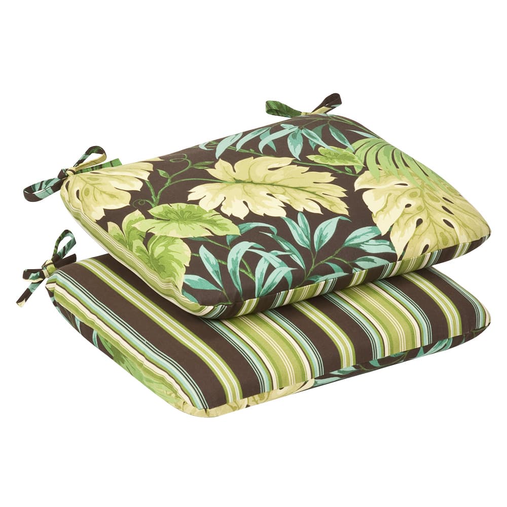 Pillow Perfect Outdoor Green/Brown Tropical/ Striped Rounded Reversible Seat Cushions (Set of 2)