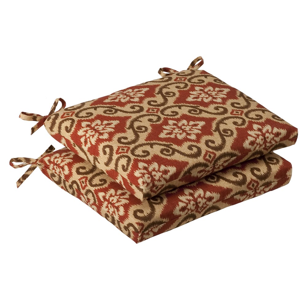 Pillow Perfect Outdoor Red/ Tan Damask Squared Seat Cushions (Set of 2)