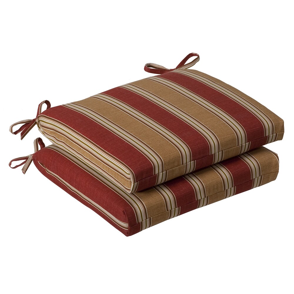 Pillow Perfect Outdoor Red/ Gold Striped Squared Seat Cushions (set Of 2) (Red/gold stripedMaterials PolyesterFill 100 percent virgin polyester fiber fillClosure Sewn seam Weather resistantUV protection Care instructions Spot clean onlyDimensions 18.