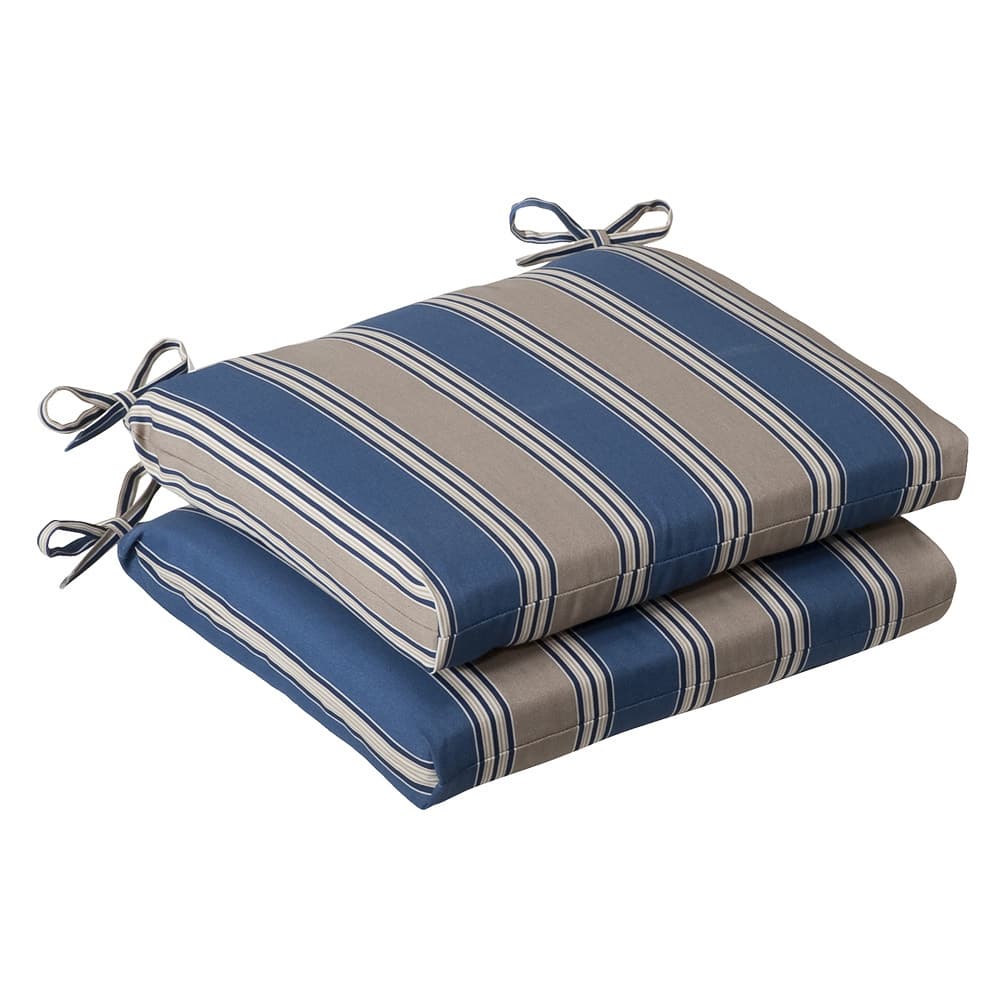 Pillow Perfect Outdoor Blue/ Tan Striped Squared Seat Cushions (Set of 2)