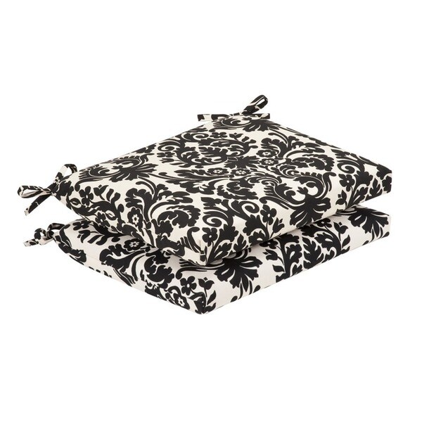 Pillow Perfect Outdoor Black/ Beige Damask Squared Seat Cushions (Set of 2)