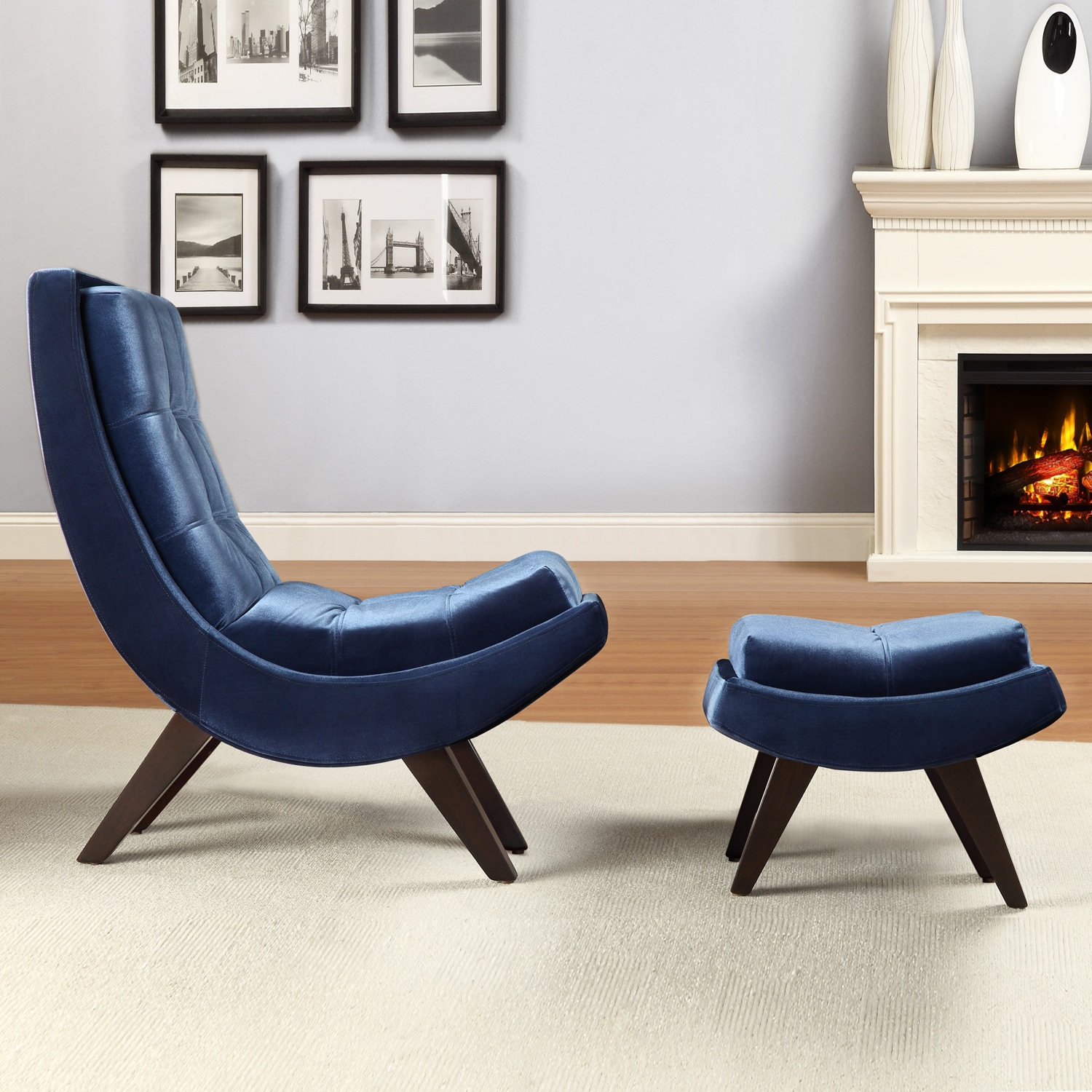 Tribecca Home Albury Blue Velvet Curved Chair And Ottoman Set